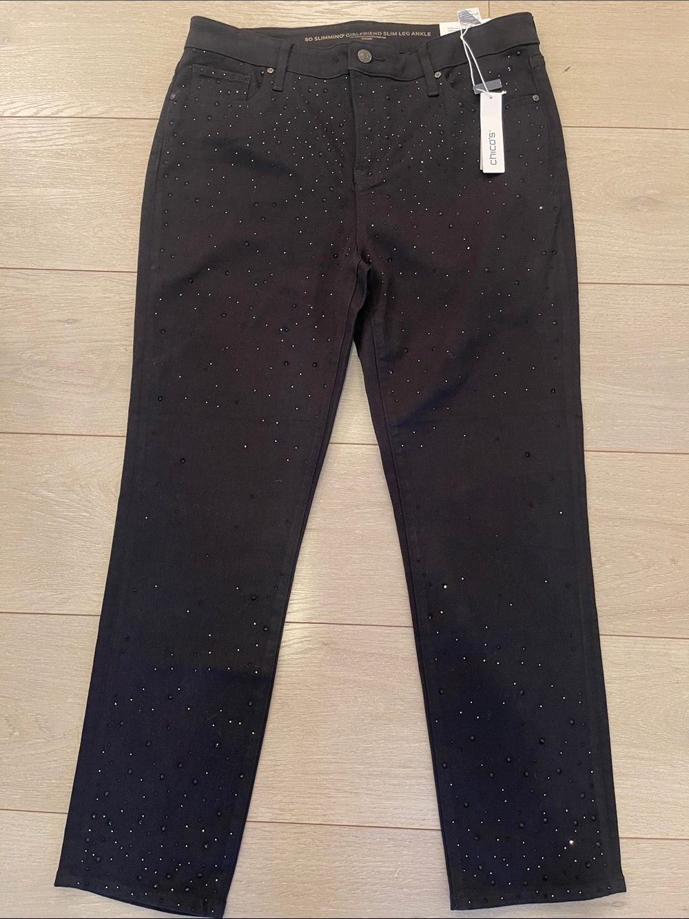Chico's Black Straight-Leg Jeans with Rhinestone Detail